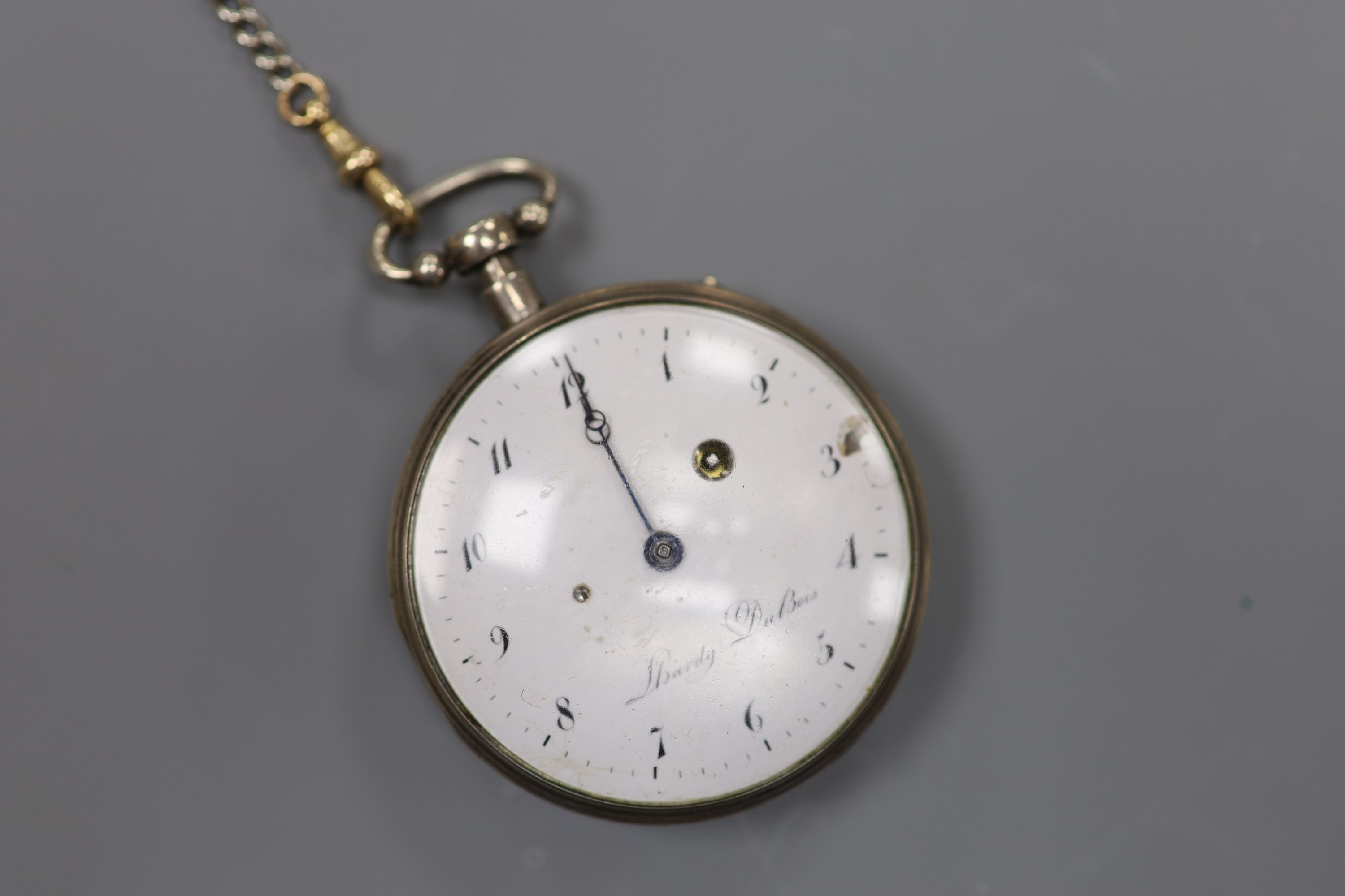 A 19th century Swiss white metal repeating keywind open faced pocket watch by L'Hardy Du Bois, (dial a.f.), on a 15ct and white metal curblink albert with two keys